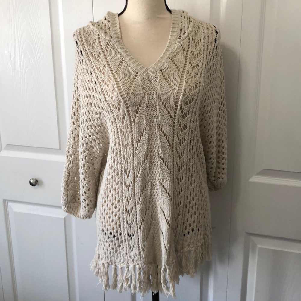 American Rag Women’s VNeck Crochet Hooded Sweater, Medium/Large, Cream